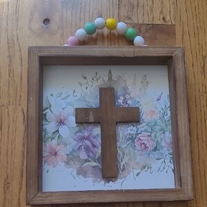 Floral Cross Wall Decor with Beaded Handle